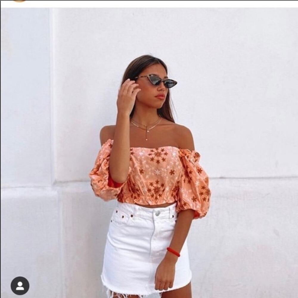 Zara Voluminous Puff Sleeve Floral Embroidered Peach Salmon Pink Crop Top Small - Picture 3 of 13